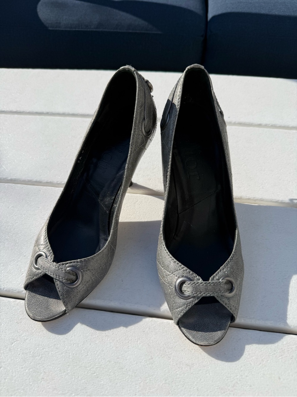 Dior Metallic Silver Leather Peep Toe Pumps Heels size 37 (US 7)